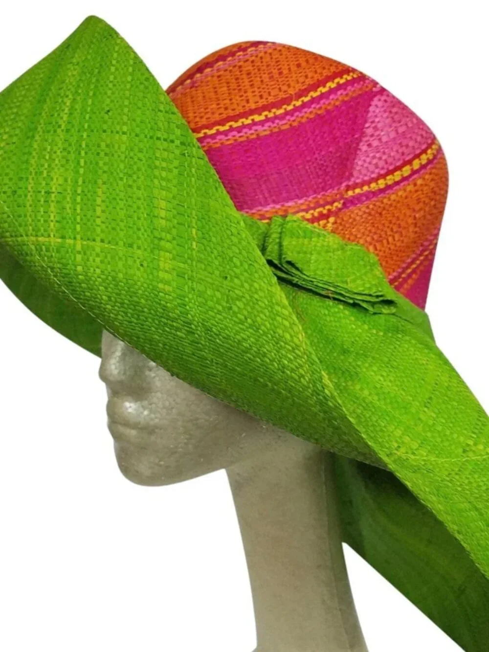 Hand Woven Madagascar Big Brim RAFFIA Sun Hat Pink & Neon Green  Sz XL 23.5" - Picture 3 of 12